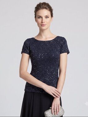 Donna Karan Collection Beaded Cashmere & Silk Short Sleeve Evening Top, Black